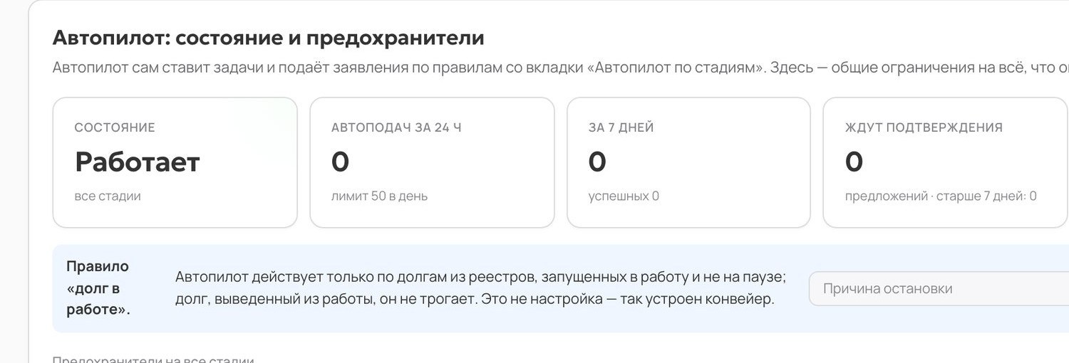 Настройки автопилота: состояние, лимит в день, правило «долг в работе» и аварийная остановка