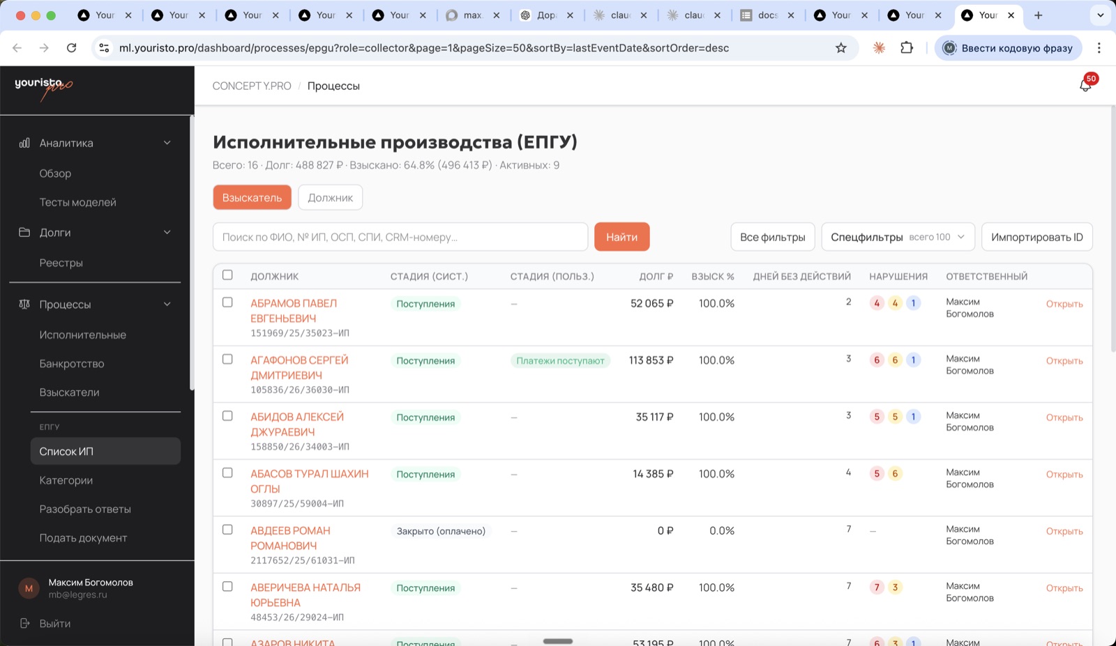 Список исполнительных производств с фильтрами и статусами